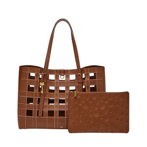 Fossil Khiels Chestnut Brown Cutout Leather Tote with Removable Pouch